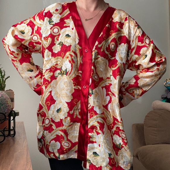Red & White Roses Silky Robe Blouse VINTAGE - Picture 8 of 9